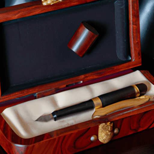 Illustrate a wooden pen case, half-open, with a luxurious fountain pen nestled inside, surrounded by velvet padding, placed on an elegant desk with inkwell and parchment nearby.