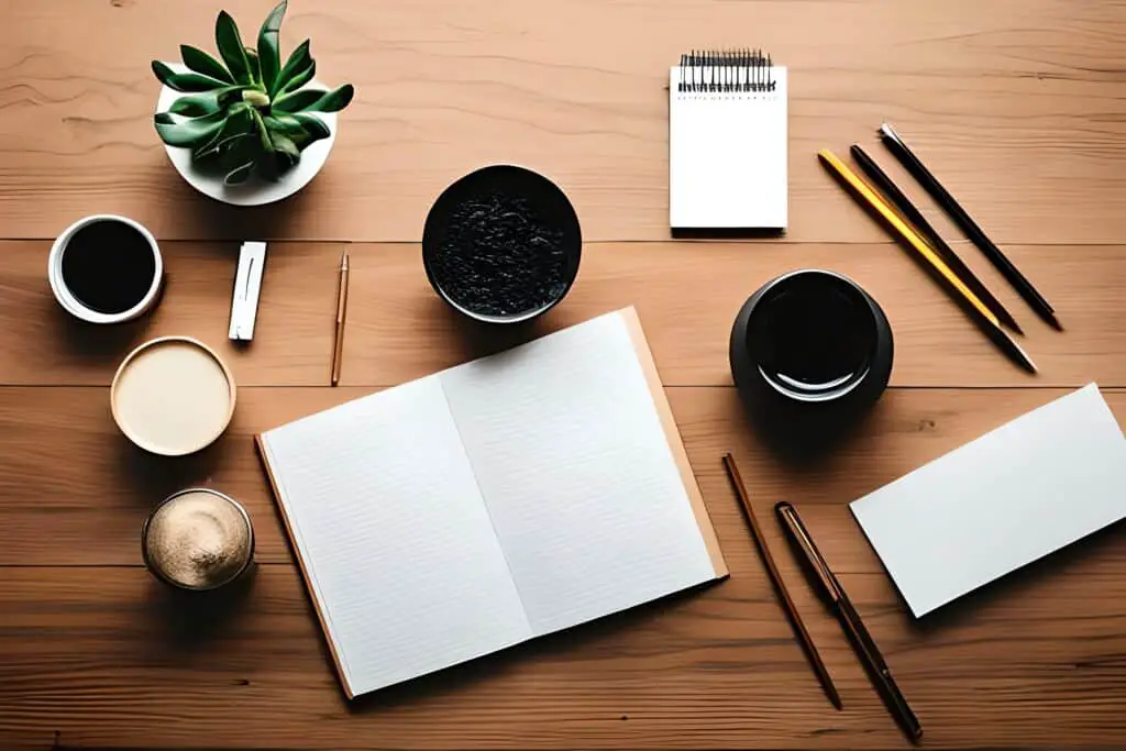 a flat lay of various Muji pens, artistically arranged on a minimalist desk, with a sketchbook, and a small potted plant, showcasing the pens' sleek design and simplicity